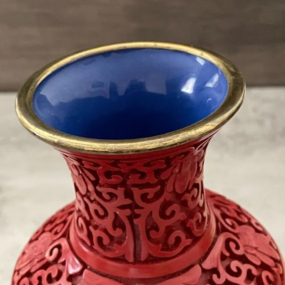 Vintage Red Cinnabar Blue Enamel Brass Hand Carved Lacquer Medium Vase 8.25